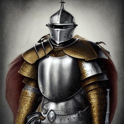 The primary subject of the image is a knight in a suit of armor. The knight is wearing a helmet and is standing in front of a red cloth. The setting appears to be a black and white drawing, giving the image a classic and timeless feel. The visual style is a combination of digital art and illustration, creating a detailed and intricate representation of the knight. The colors and mood of the image are predominantly black and white, with the red cloth adding a pop of color and a sense